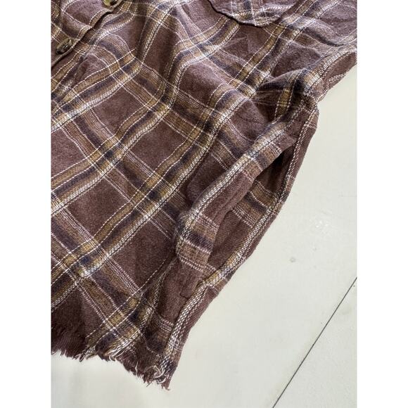 Democracy Women Medium Brown Plaid Flannel Button Up Long Sleeve Raw Hem Pocket - Picture 5 of 6